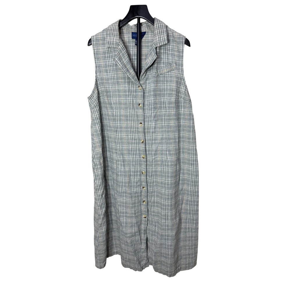 Original TY Wear Plaid Linen Blend Sleeveless Button Front Dress Blue Grey 18W